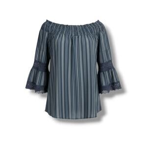 Kiwi & Punch Blue Striped Off Shoulder Bell Sleeve Top – Size Large